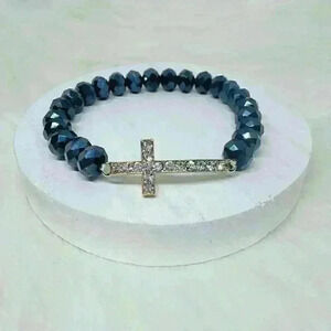 Navy Blue Beaded Bracelet with Rhinestones Cross
